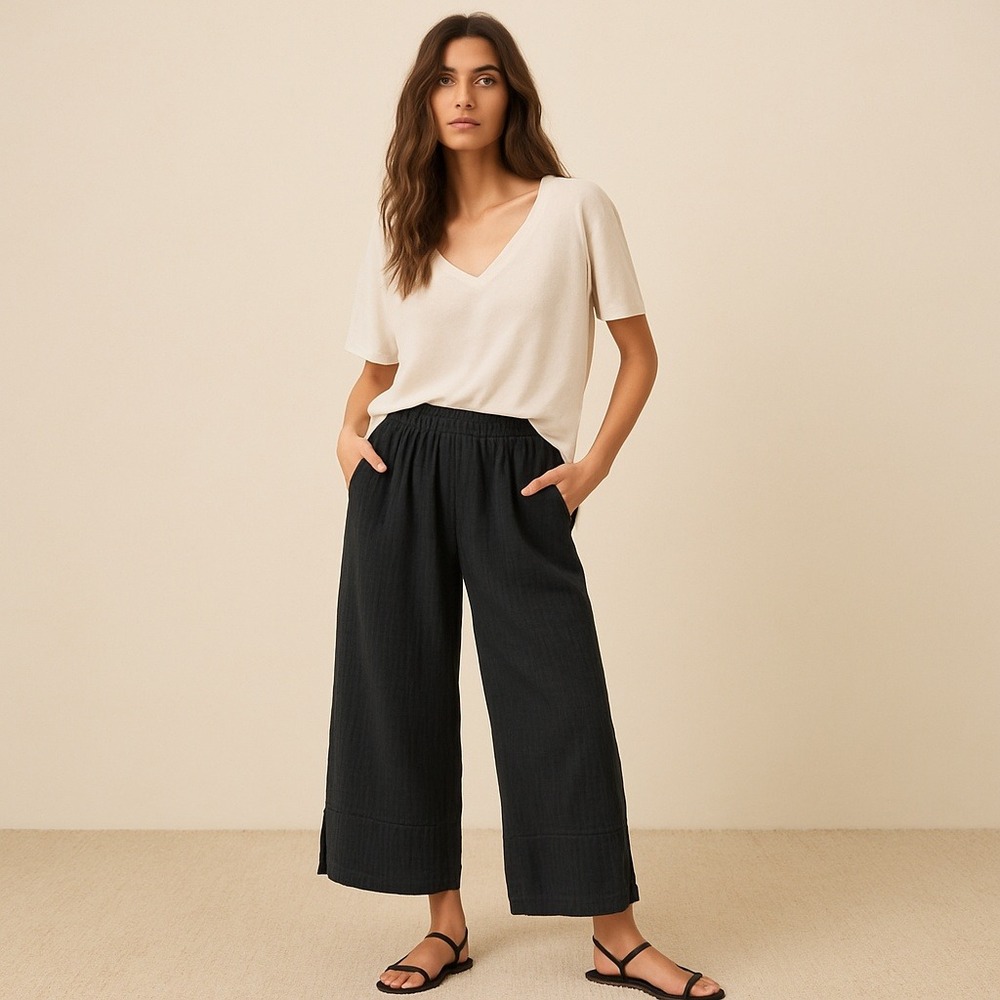 Pact Small Black Coastal Double Gauze Wide-Leg Pants